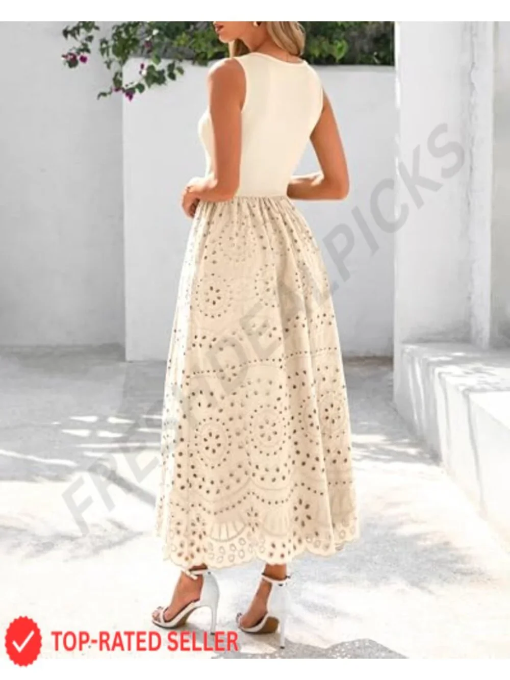 Women Sleeveless Lace Eyelet Cotton Tank Maxi Dress | Summer Casual A-Line Boho